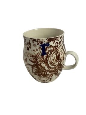 Anthropologie Homegrown Monogram R Mug 16 Oz Retired Floral Bird Toile